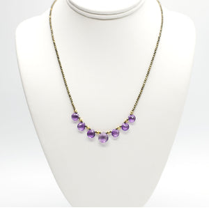 Amethyst & Pyrite Quarter Ruffle Gold Necklace on neck form