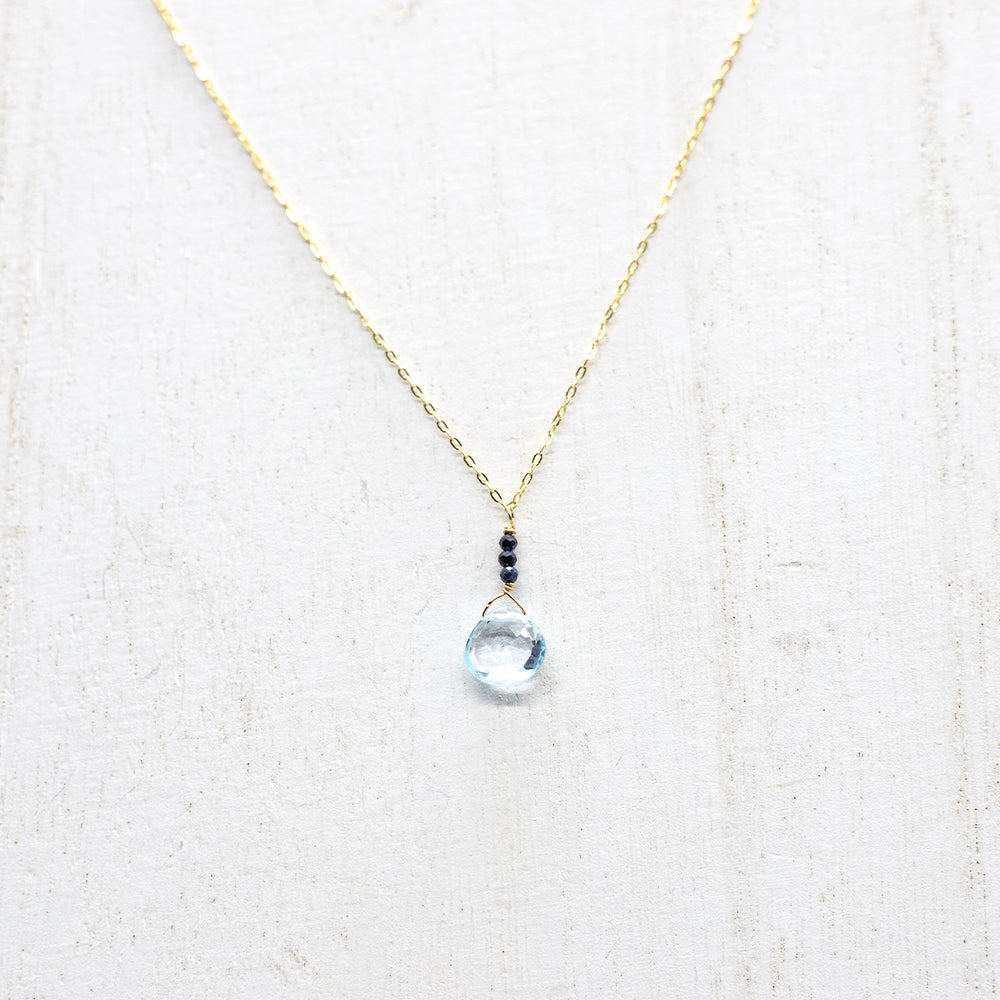 Aquamarine & Sapphire Raindrop Gold Necklace