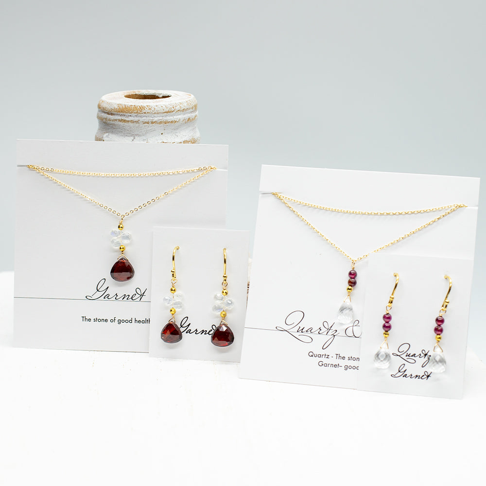 Garnet & Moonstone Raindrop Gold Earrings