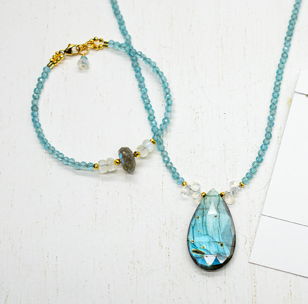 Labradorite & Chalcedony Teardrop Pendant Necklace