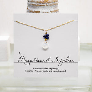 
                
                    Load image into Gallery viewer, Moonstone &amp;amp; Sapphire Cluster Raindrop Necklace
                
            