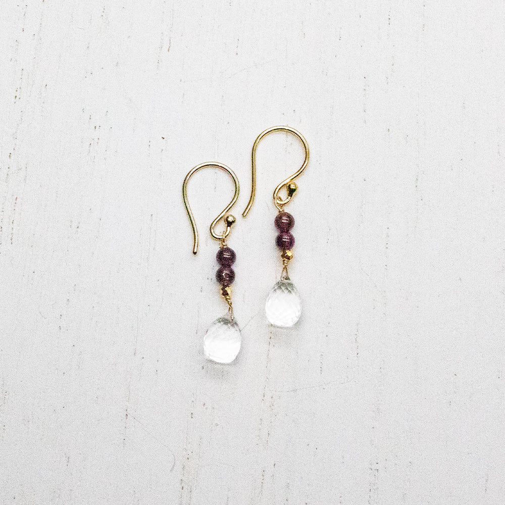 Quartz & Garnet Raindrop Gold Earrings