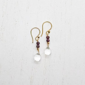 Quartz & Garnet Raindrop Gold Earrings