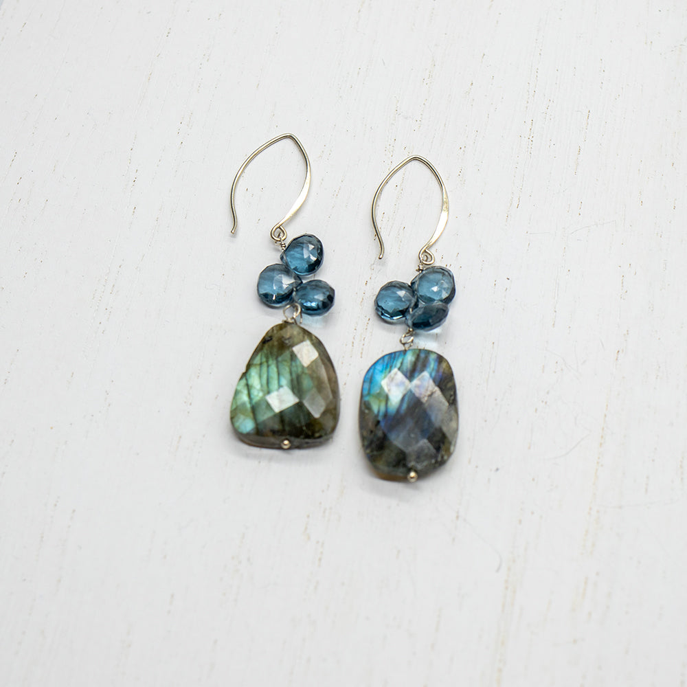 Labradorite & Blue Quartz Droplet Silver Earrings