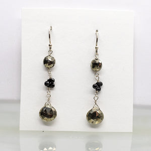 
                
                    Load image into Gallery viewer, Pyrite &amp;amp; Black Spinel 3 Stone Silver Earrings
                
            