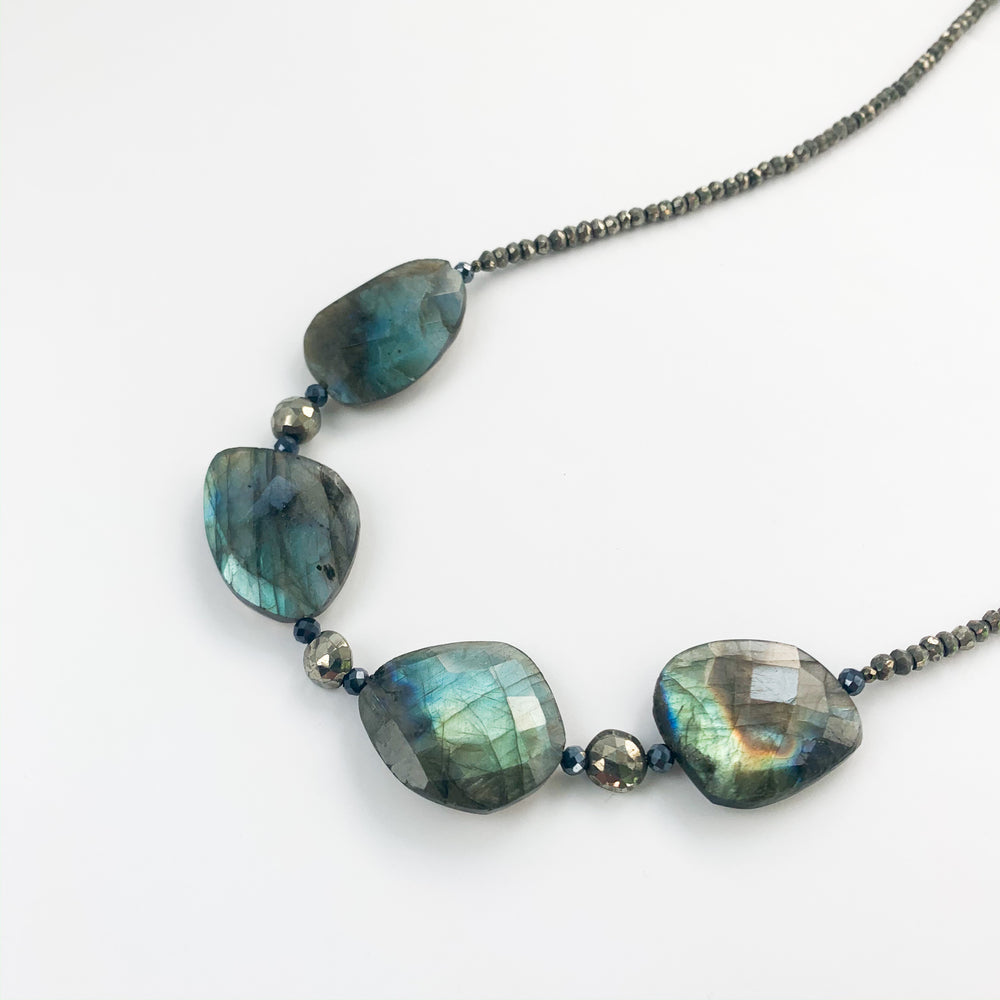 
                
                    Load image into Gallery viewer, Labradorite &amp;amp; Pyrite Claudina Necklace
                
            