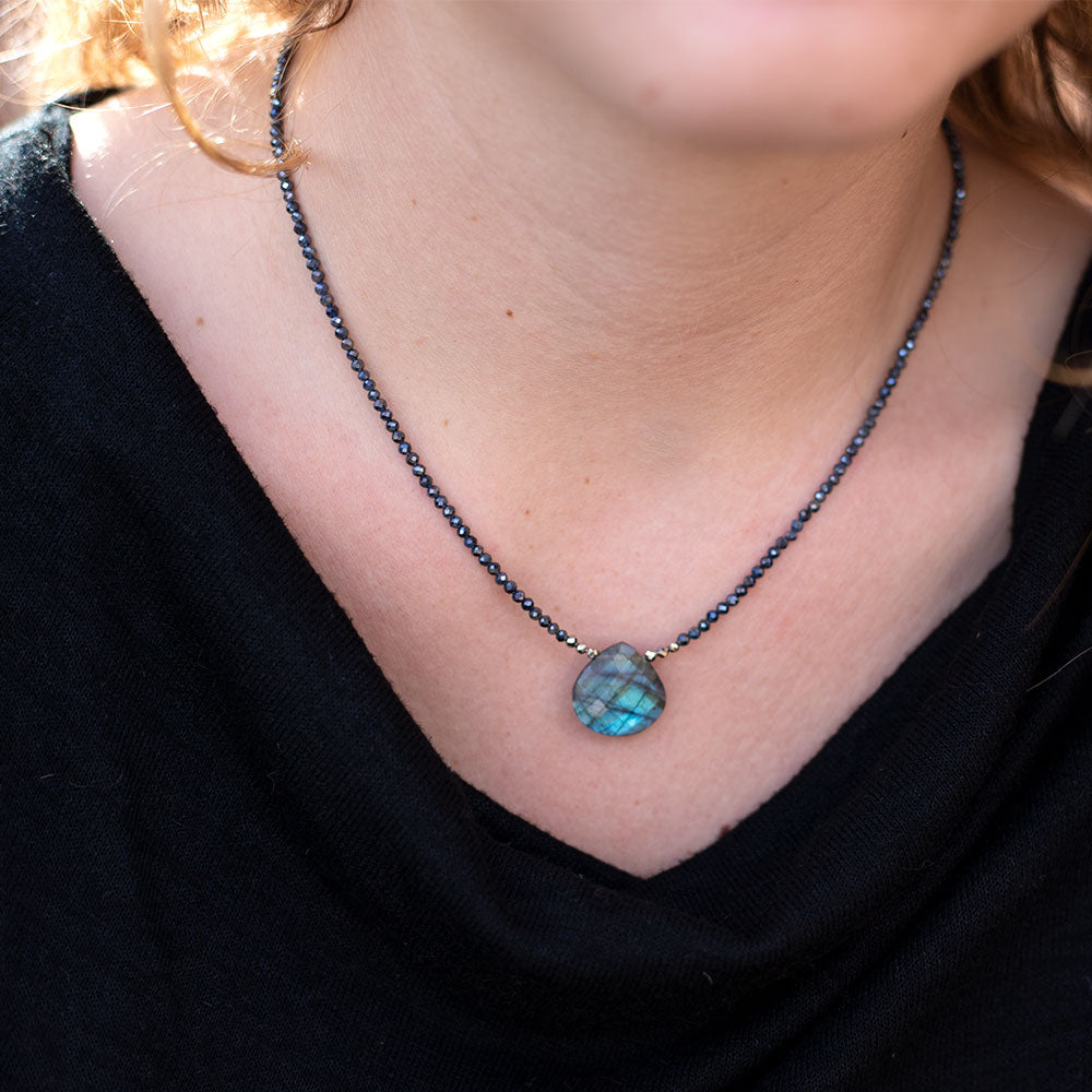 
                
                    Load image into Gallery viewer, Labradorite &amp;amp; Sapphire Heart Necklace
                
            