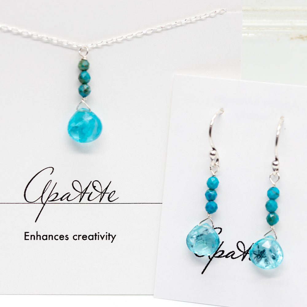 Apatite & Chrysocolla Raindrop Silver Necklace and matching earrings