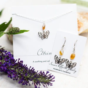 Citrine Butterfly Charm Silver Necklace