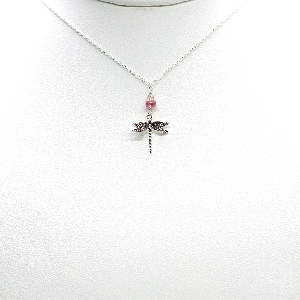 
                
                    Load image into Gallery viewer, Pink Tourmaline Dragonfly Charm Silver Necklace
                
            
