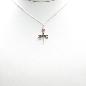 Pink Tourmaline Dragonfly Charm Silver Necklace