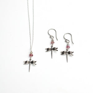 Pink Tourmaline Dragonfly Charm Silver Necklace and Earrings