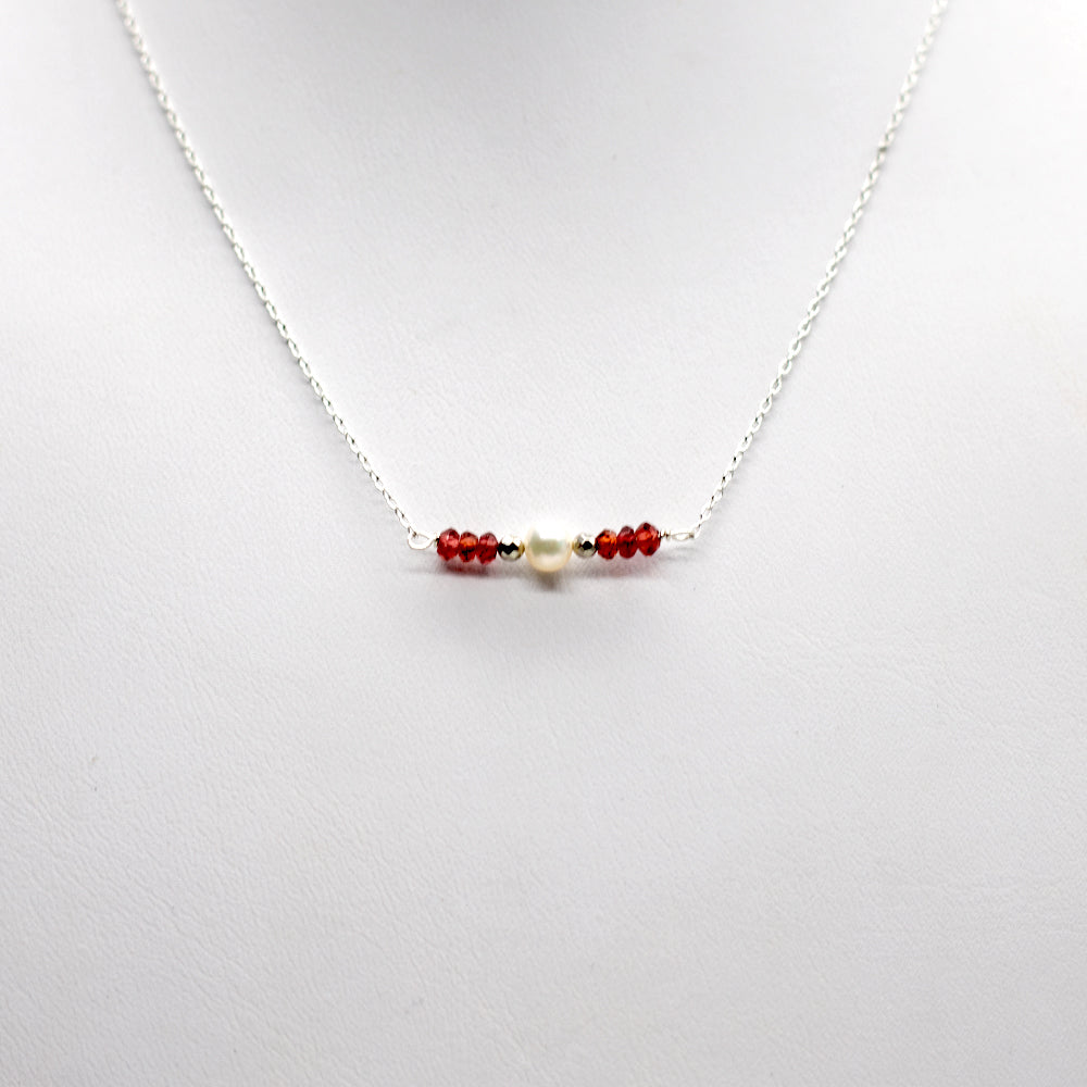 Garnet & Pearl Bar Silver Necklace