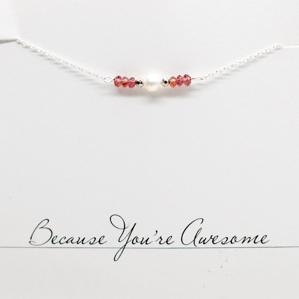 Garnet & Pearl Bar Silver Necklace