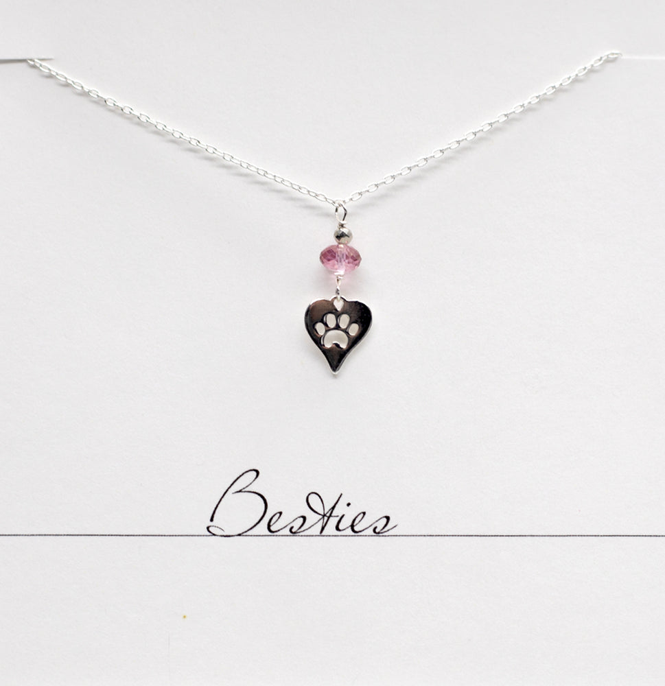 Besties Pink Topaz and Heart Paw Charm Necklace