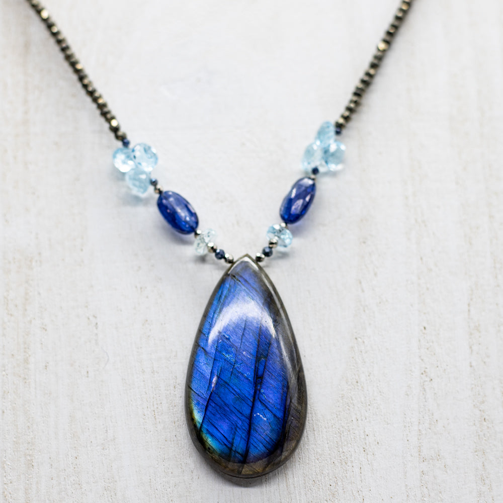 
                
                    Load image into Gallery viewer, Labradorite &amp;amp; Topaz Teardrop Pendant Necklace
                
            