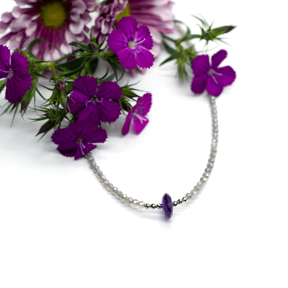 
                
                    Load image into Gallery viewer, Amethyst Luna Necklace with flowers
                
            