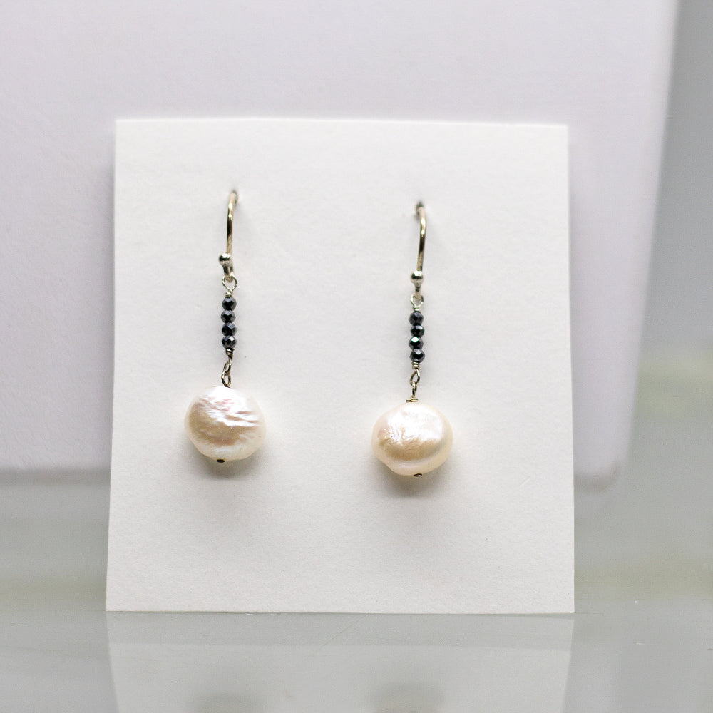 Pearl & Black Spinel Raindrop Silver Earrings