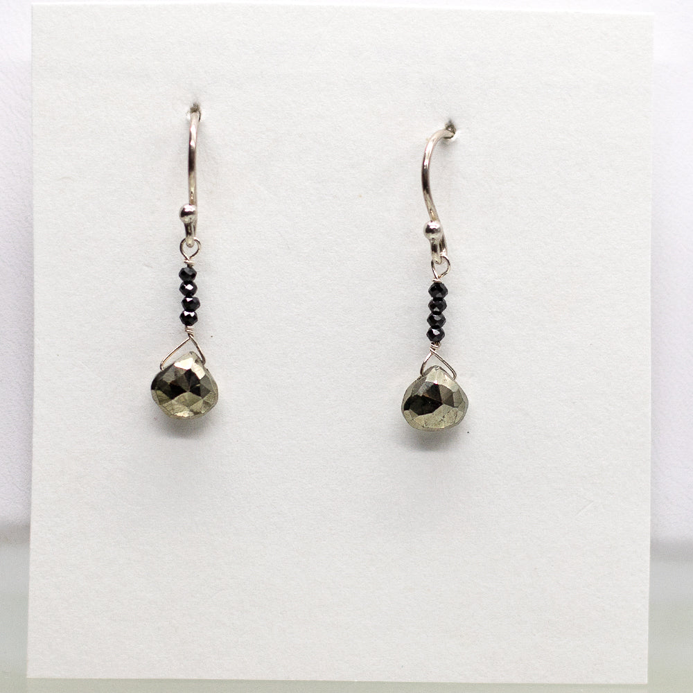 Pyrite & Black Spinel Raindrop Silver Earrings