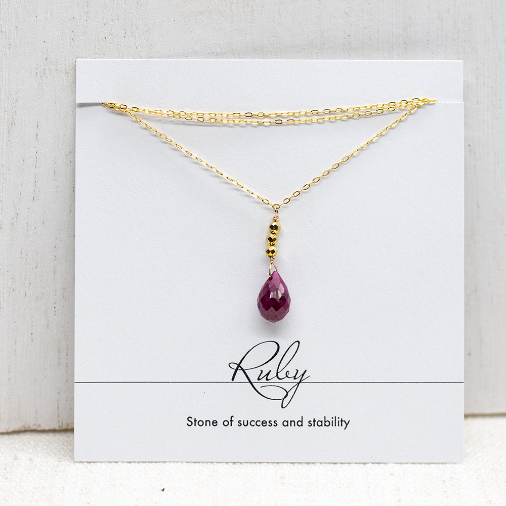 Ruby & Gold Pyrite Raindrop  Necklace