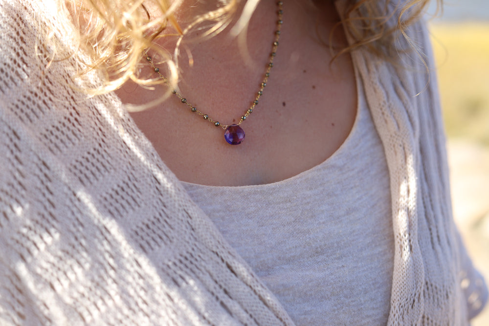 Amethyst Waterfall Gold Necklace on model